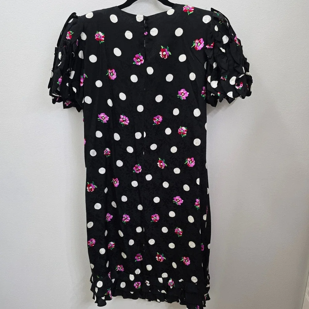 Vintage Maggy London Silk Polka Dot Floral Ruffle Dress Shoulder Pads Black 14 - Picture 5 of 8